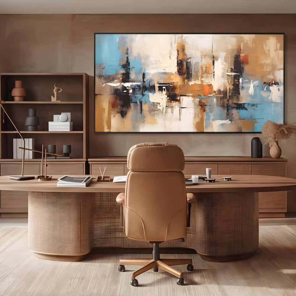 Tablou canvas cu pictura abstracta cu linii verticale, in rama de aluminiu negru, pe perete intr-un birou